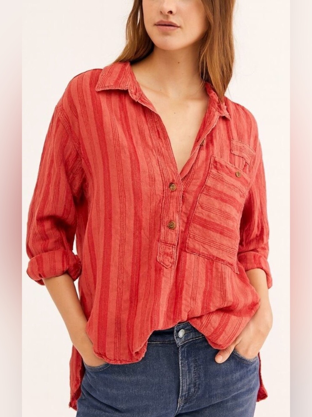 Free People We The Free Summer Breeze striped coral combo button-down tunic